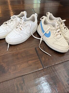 Nike Kids Cream Sneakers with Light Blue Swoosh and plain white Nike boys shoes